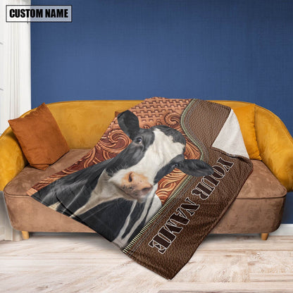 Custom Name Holstein Cattle Leather Carving Blanket, Farm Blanket, Farm Animal Blanket