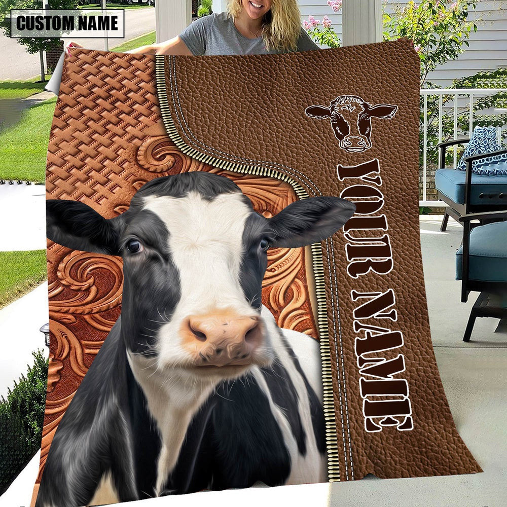 Custom Name Holstein Cattle Leather Carving Blanket, Farm Blanket, Farm Animal Blanket