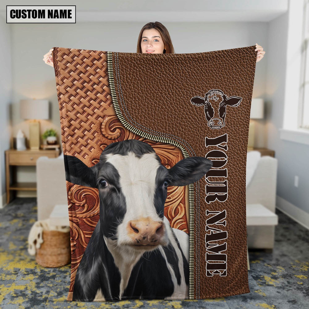 Custom Name Holstein Cattle Leather Carving Blanket, Farm Blanket, Farm Animal Blanket