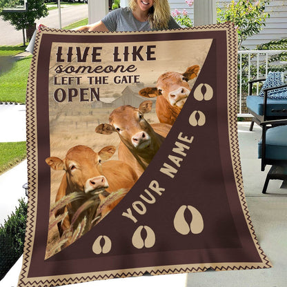 Personalized Fleckvieh Live Like Someone Left The Gate Open Blanket, Farm Blanket, Farm Animal Blanket