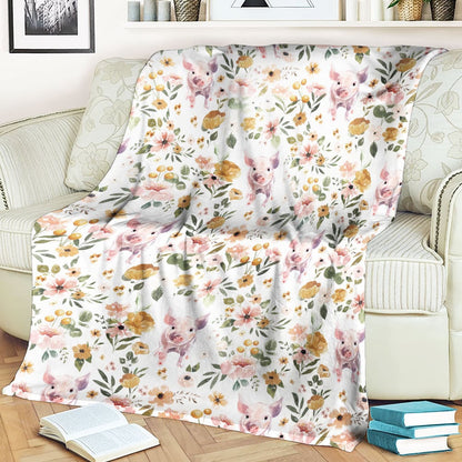 Pig Floral Pattern Blanket, Farm Blanket, Farm Animal Blanket