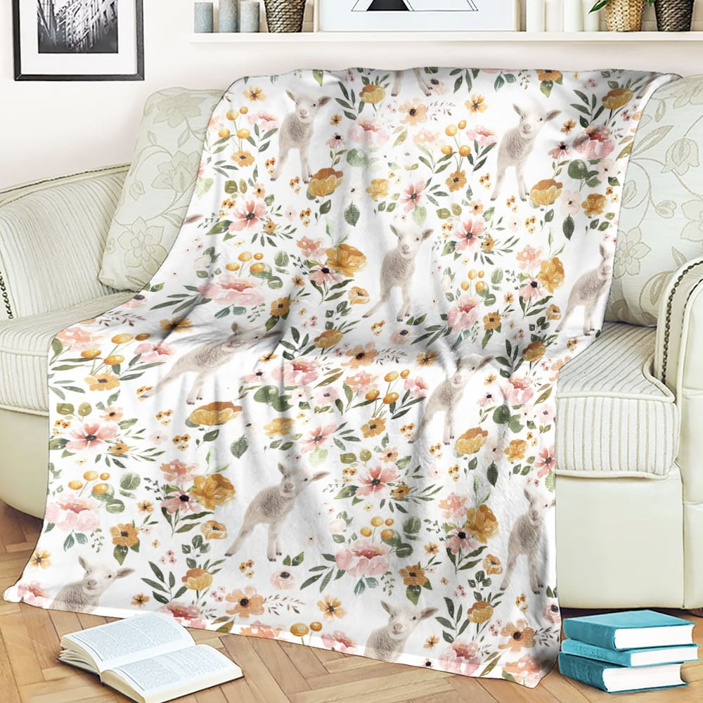 Sheep Floral Pattern Blanket, Farm Blanket, Farm Animal Blanket