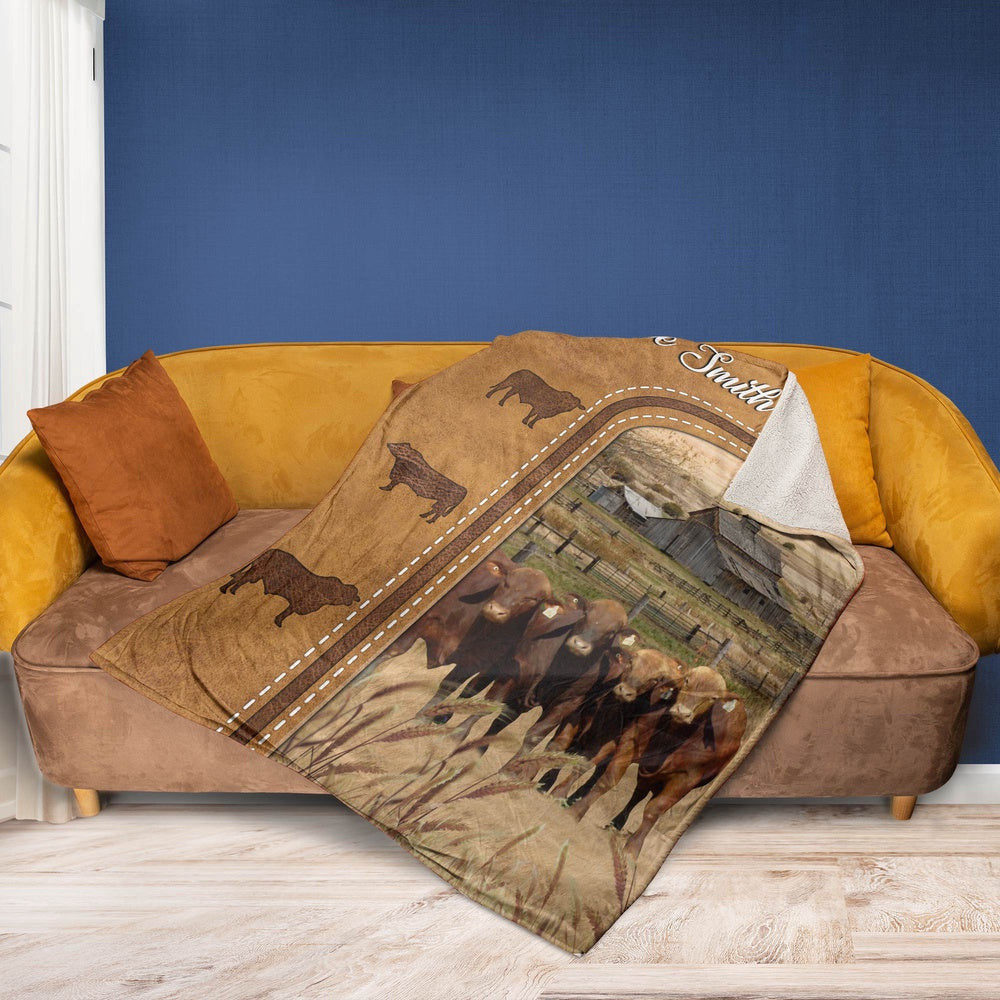 Personalized Beefmaster Cattle In Field Farmhouse Blanket, Farm Blanket, Farm Animal Blanket