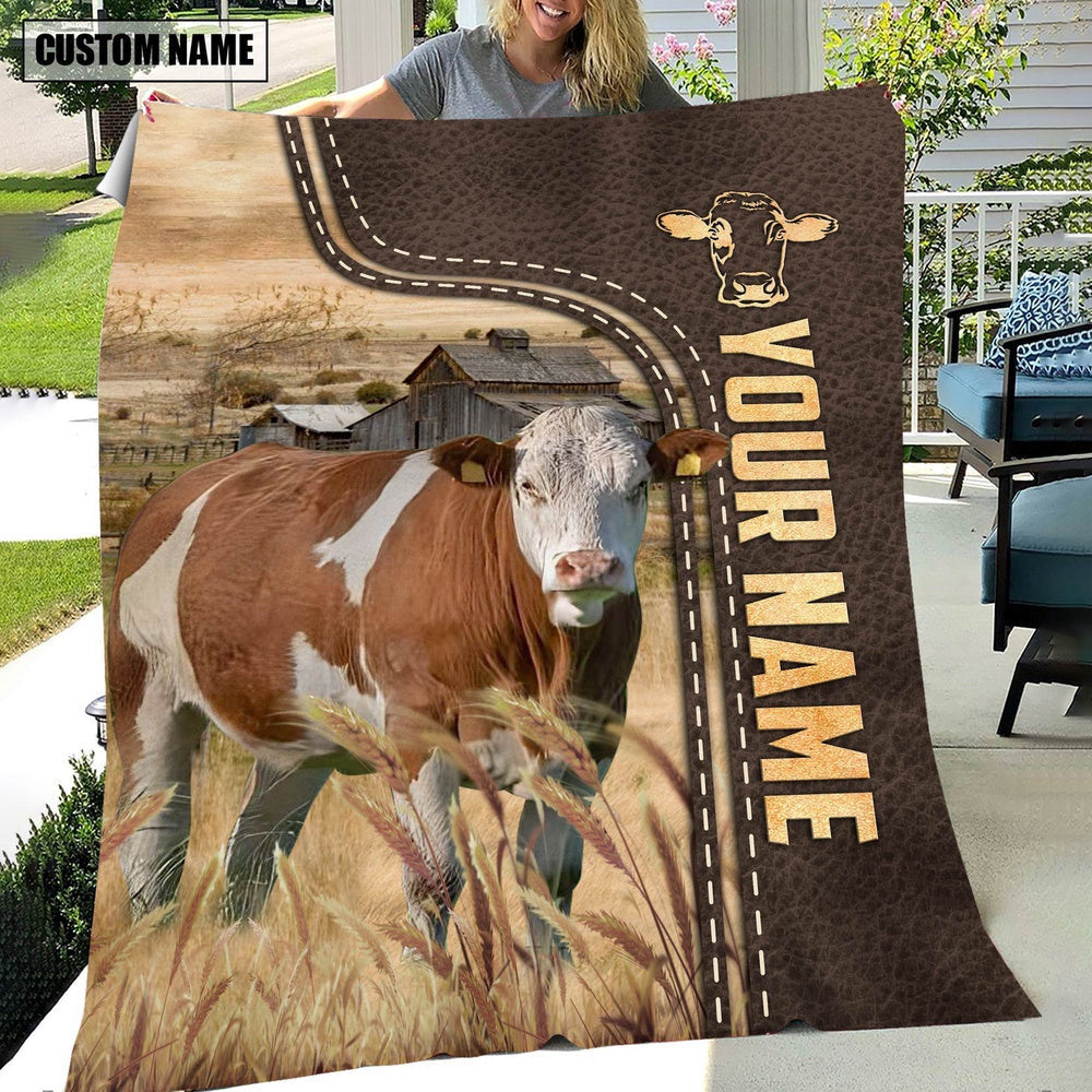 Personalized Name Fleckvieh Leather Pattern Blanket, Farm Blanket, Farm Animal Blanket