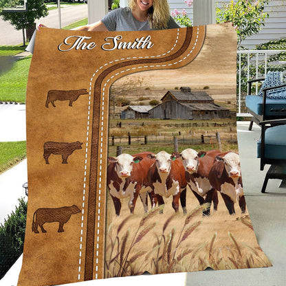 Personalized Hereford Cattle In Field Farmhouse Blanket, Farm Blanket, Farm Animal Blanket