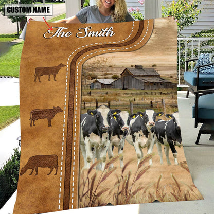 Personalized Holstein Cattle In Field Farmhouse Blanket, Farm Blanket, Farm Animal Blanket