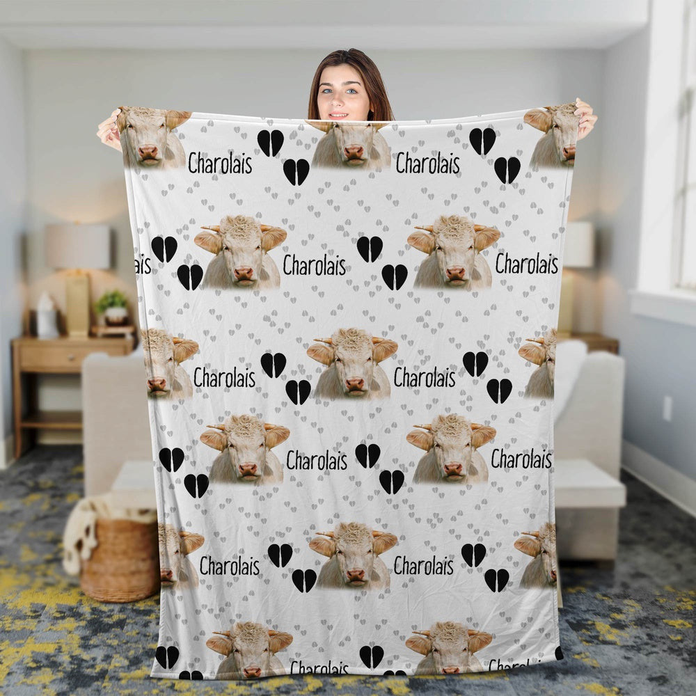 Charolais Cattle Happy Pattern Blanket, Farm Blanket, Farm Animal Blanket
