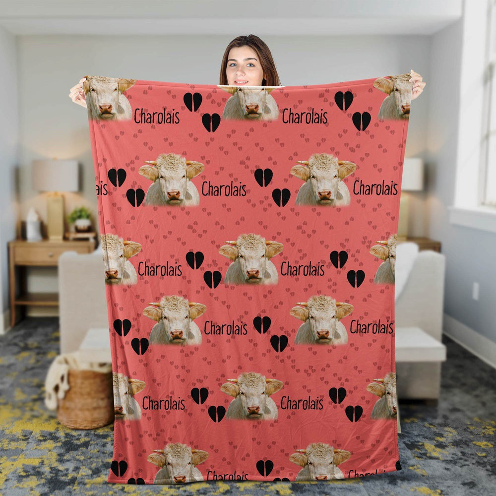 Charolais Cattle Happy Pattern Blanket, Farm Blanket, Farm Animal Blanket