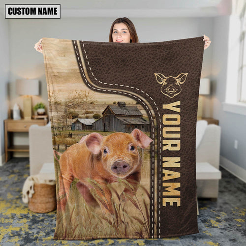 Personalized Name Pig Brown Leather Pattern Blanket, Farm Blanket, Farm Animal Blanket
