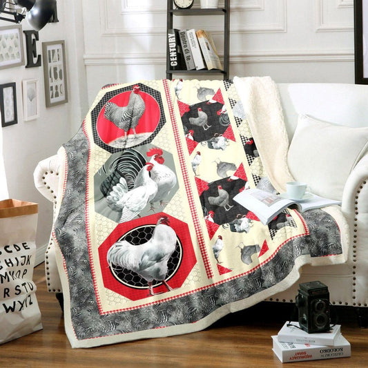 Rooster Chickens Houndstooth & Beehive Pattern Blanket, Farm Blanket, Farm Animal Blanket