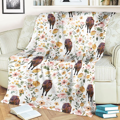 Red Brahman Floral Pattern Blanket, Farm Blanket, Farm Animal Blanket