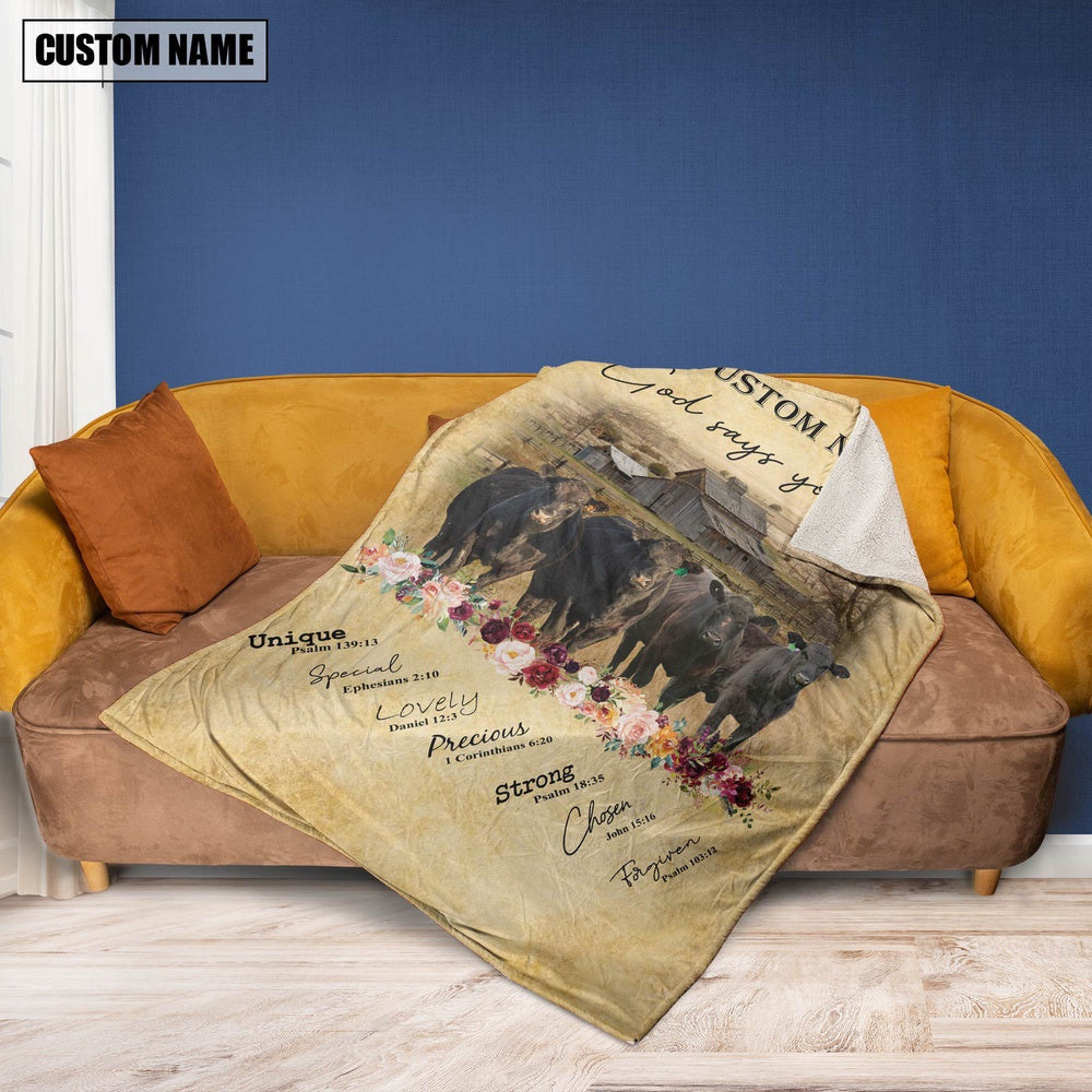 God Says You Are Personalized Name Black Angus Blanket, Farm Blanket, Farm Animal Blanket