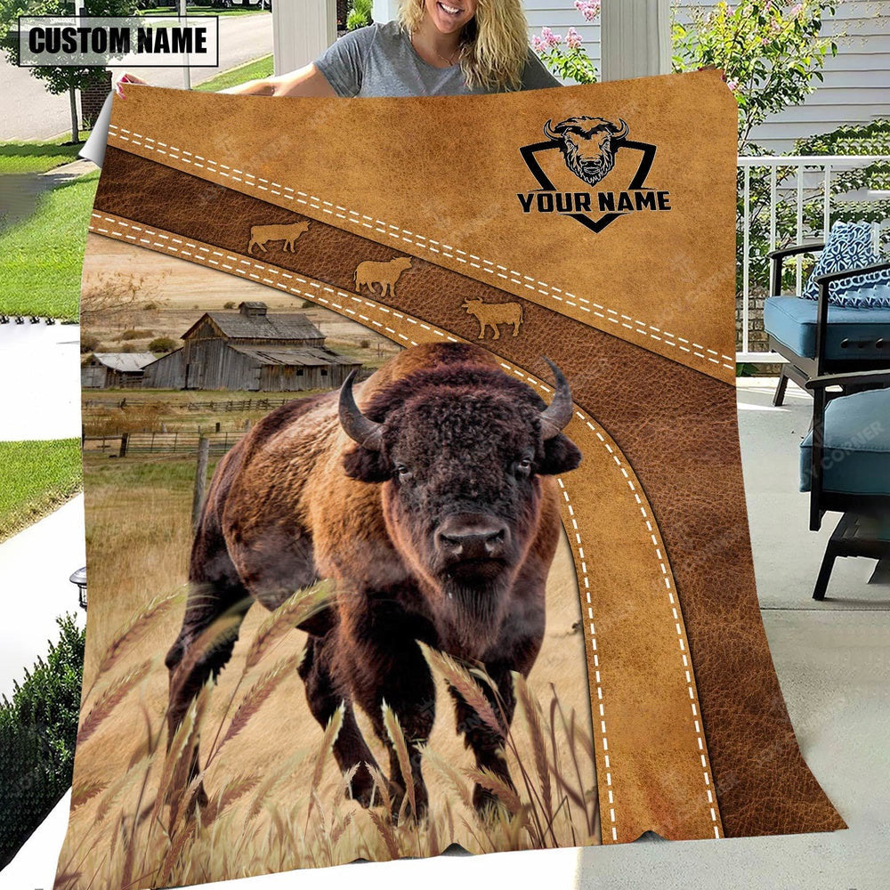 Personalized Name Bison Brownie Background Blanket, Farm Blanket, Farm Animal Blanket