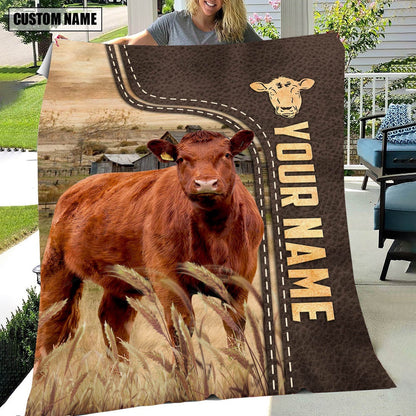 Personalized Name Red Angus Leather Pattern Blanket, Farm Blanket, Farm Animal Blanket