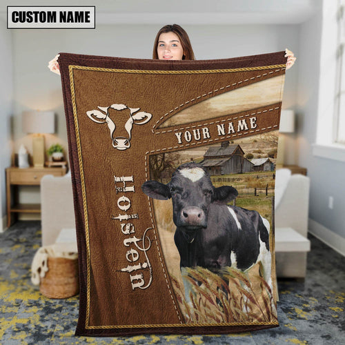 Personalized Name Holstein Farm Leather Brown Blanket, Farm Blanket, Farm Animal Blanket