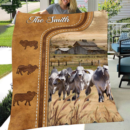 Personalized Brahman Cattle In Field Farmhouse Blanket, Farm Blanket, Farm Animal Blanket