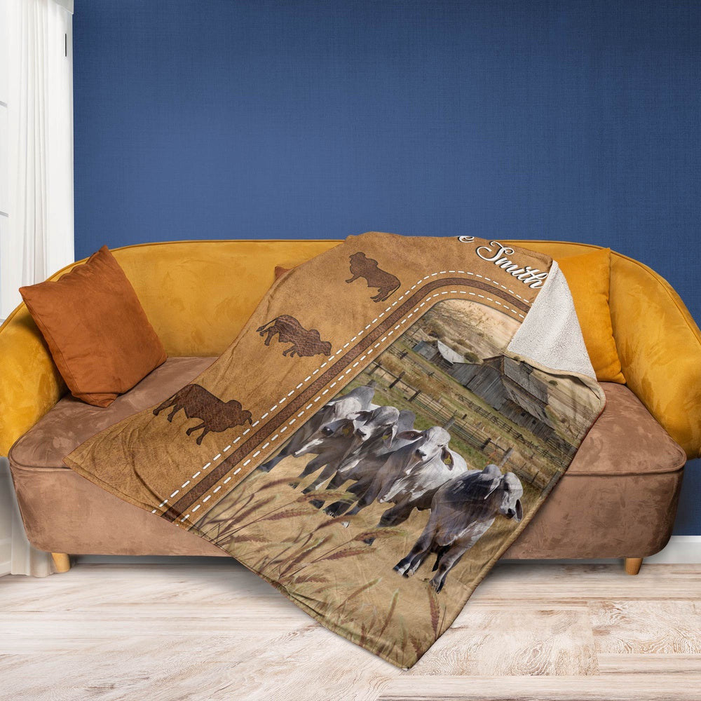 Personalized Brahman Cattle In Field Farmhouse Blanket, Farm Blanket, Farm Animal Blanket
