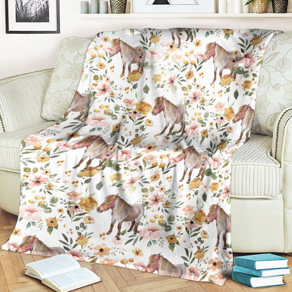 Ponies Horse Floral Pattern Blanket, Farm Blanket, Farm Animal Blanket