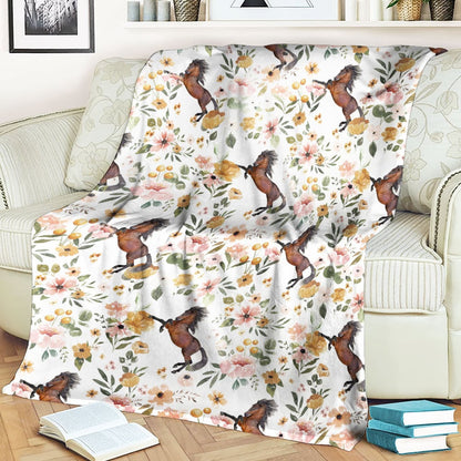 Thoroughbred Horse Floral Pattern Blanket, Farm Blanket, Farm Animal Blanket
