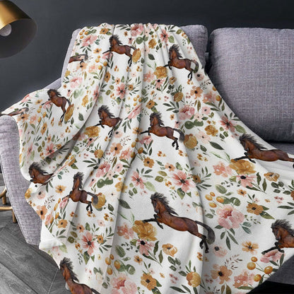 Thoroughbred Horse Floral Pattern Blanket, Farm Blanket, Farm Animal Blanket
