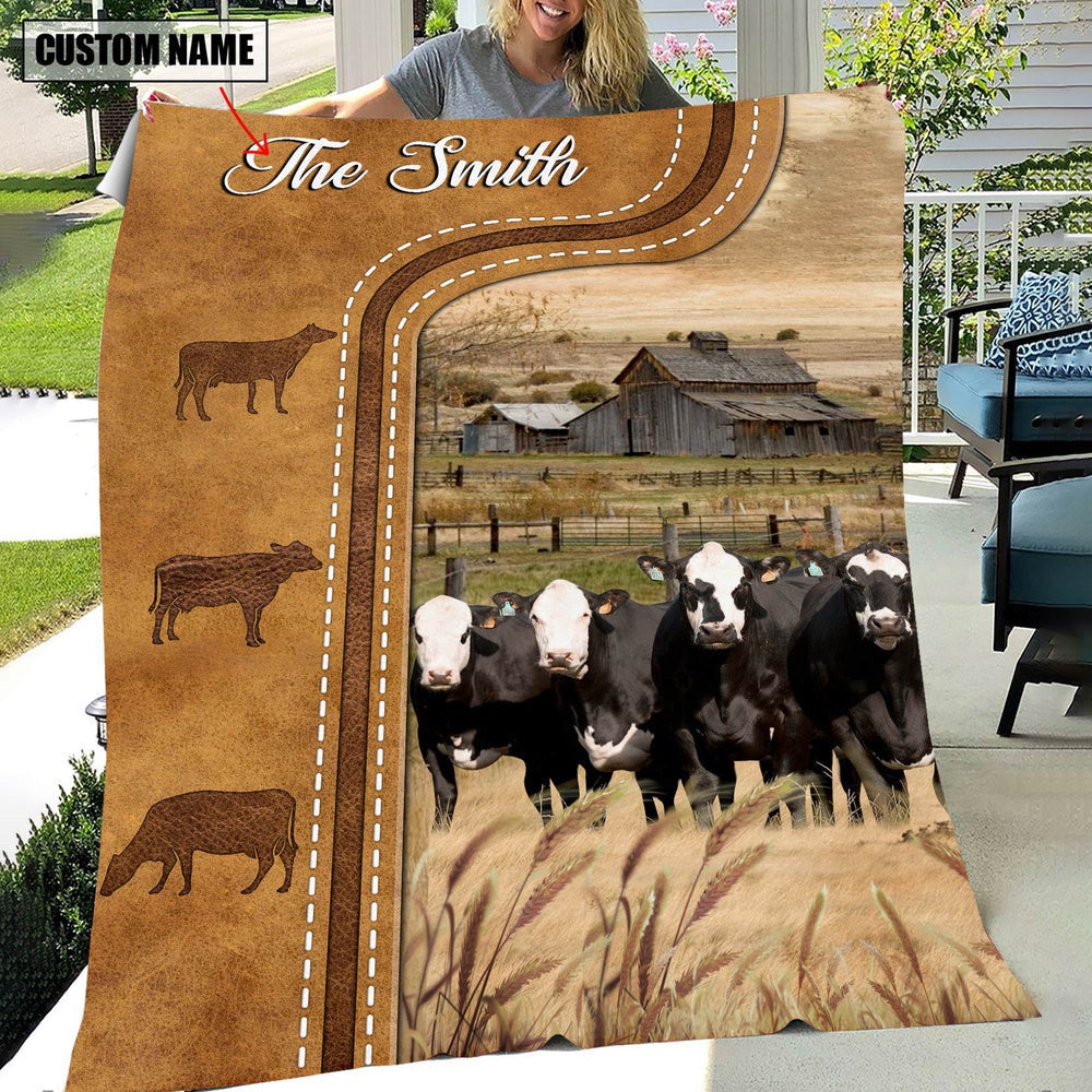 Personalized Black Baldy Cattle In Field Farmhouse Blanket, Farm Blanket, Farm Animal Blanket