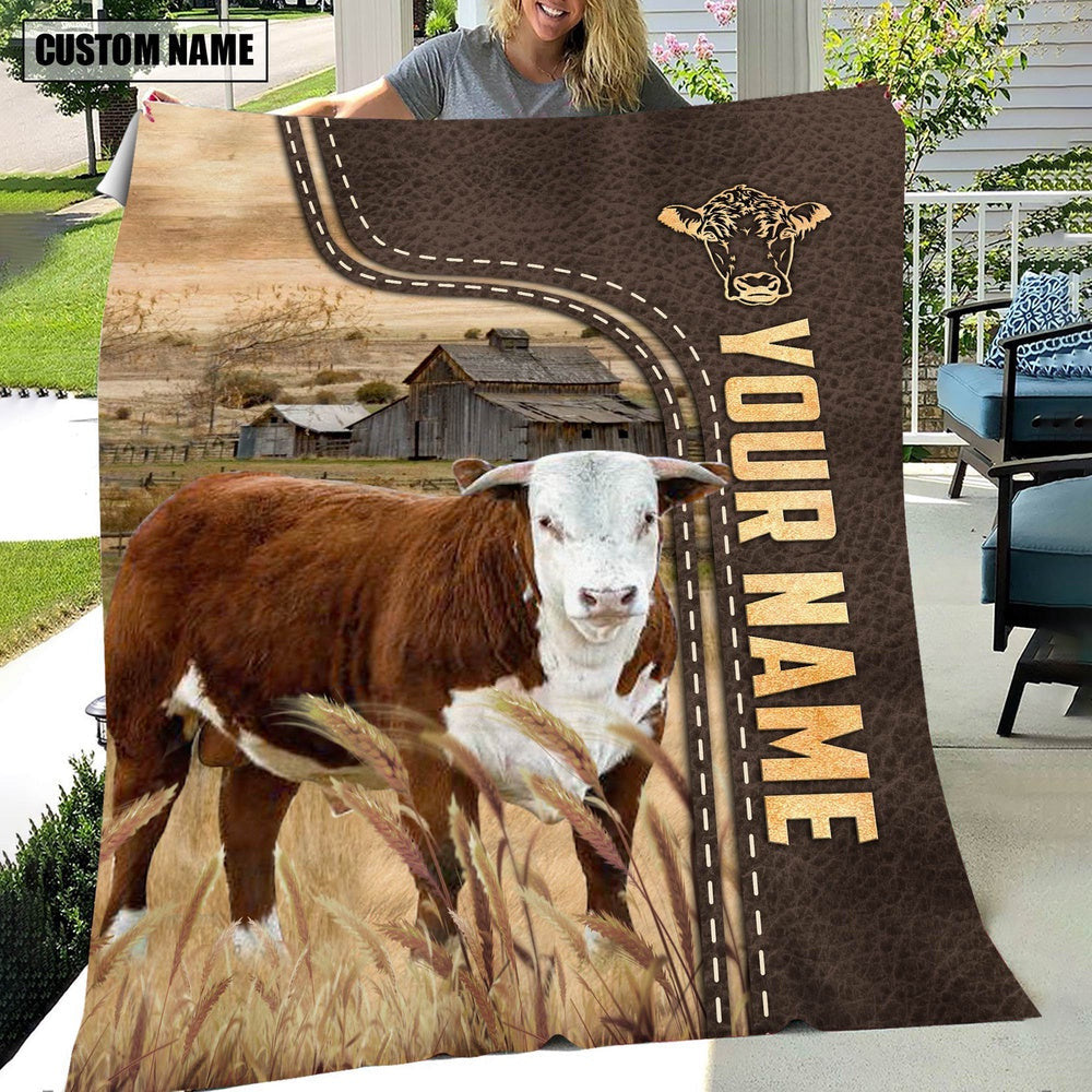 Personalized Name Horn Hereford Leather Pattern Blanket, Farm Blanket, Farm Animal Blanket