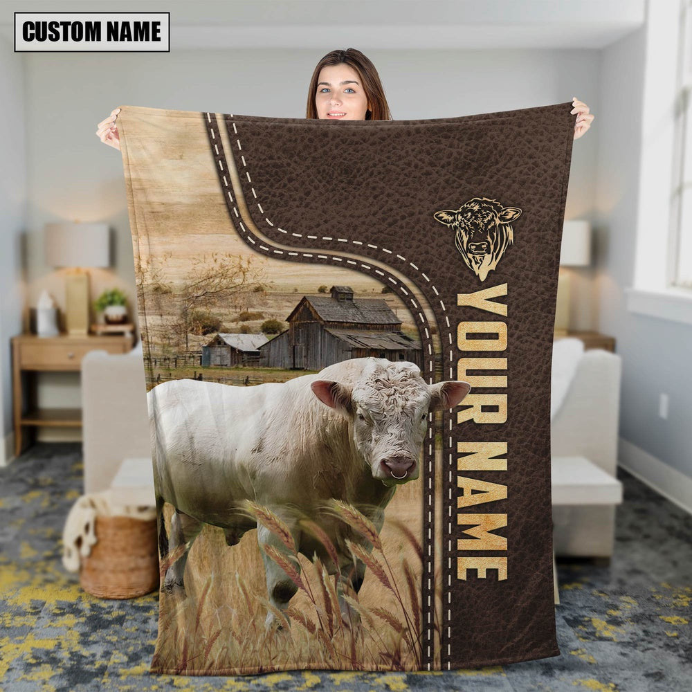 Personalized Name Charolais Bull Leather Pattern Blanket, Farm Blanket, Farm Animal Blanket