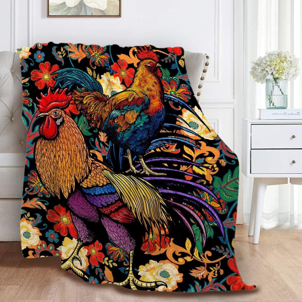 Rooster Chickens Flower Painting 3D Printed Blanket, Farm Blanket, Farm Animal Blanket