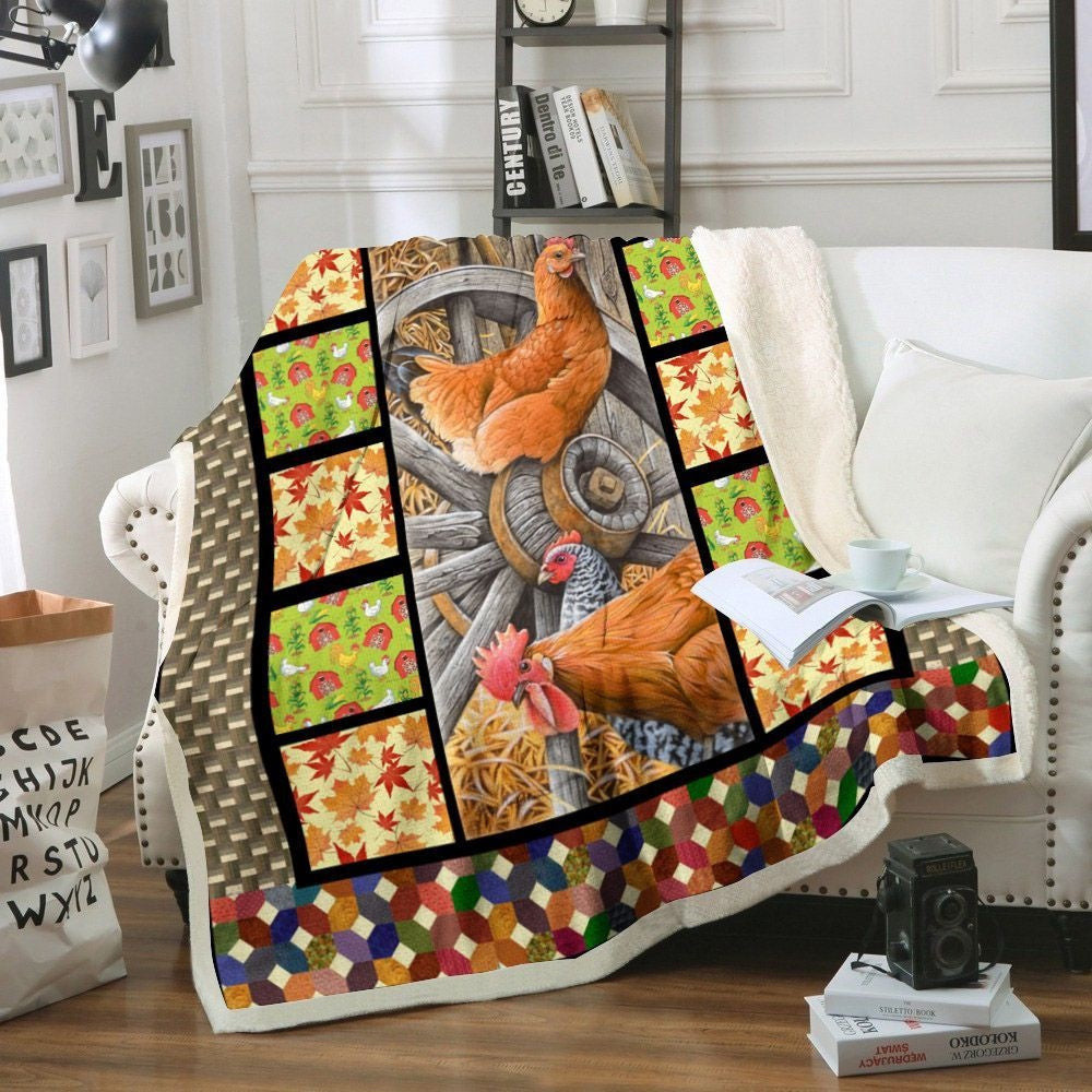 Rooster Chickens Farmhouse Printed Blanket, Farm Blanket, Farm Animal Blanket