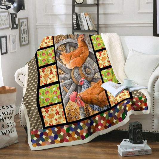 Rooster Chickens Farmhouse Printed Blanket, Farm Blanket, Farm Animal Blanket