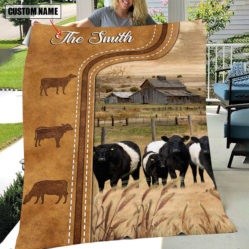 Personalized Name Belted Galloway Cattle In Field Farmhouse Blanket, Farm Blanket, Farm Animal Blanket