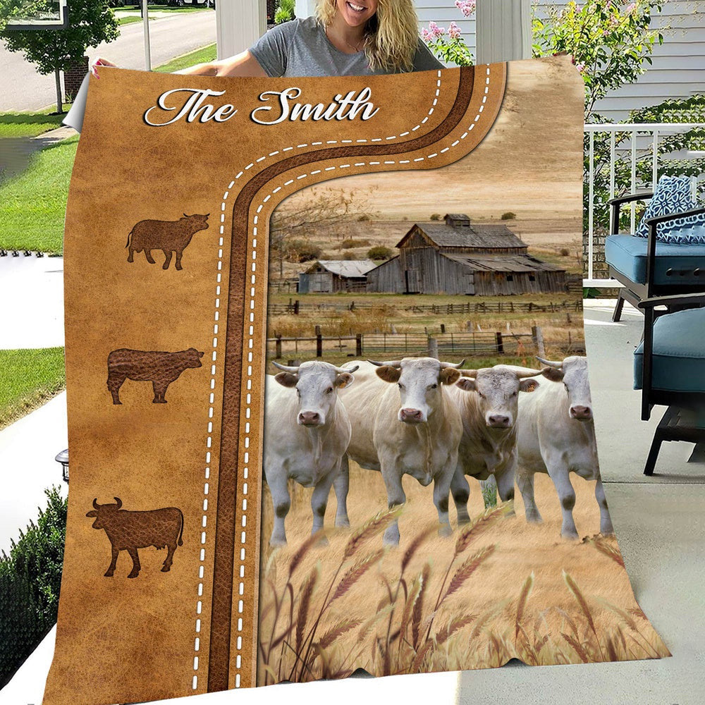 Personalized Charolais Cattle In Field Farmhouse Blanket, Farm Blanket, Farm Animal Blanket