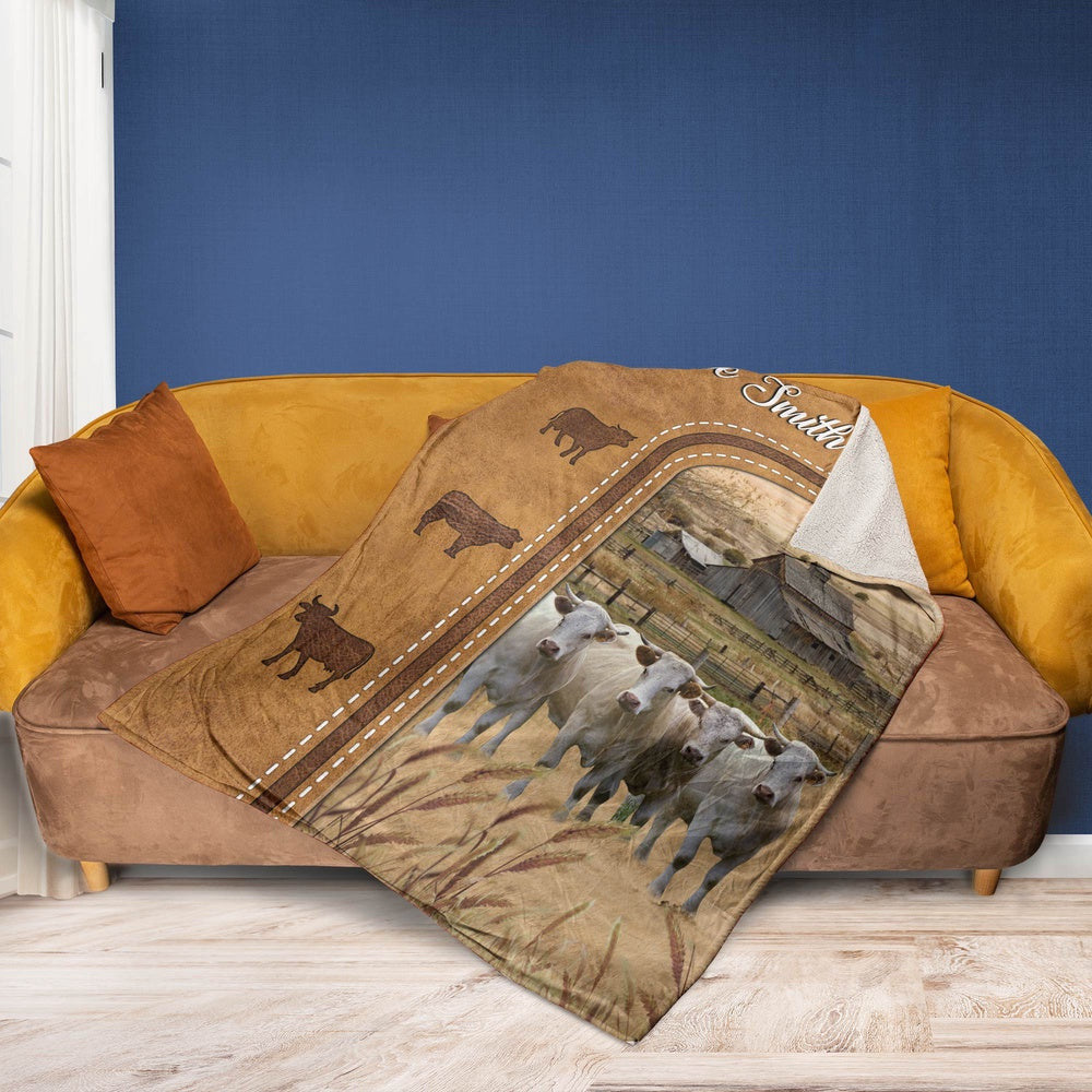Personalized Charolais Cattle In Field Farmhouse Blanket, Farm Blanket, Farm Animal Blanket