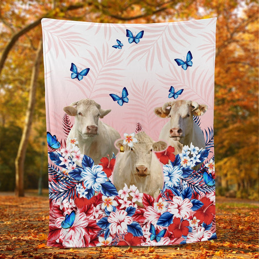 Red Floral Charolais For Cattle Lover All Printed 3D Blanket, Farm Blanket, Farm Animal Blanket