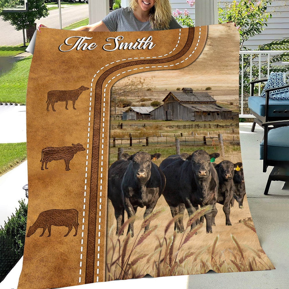 Personalized Black Angus Cattle In Field Farmhouse Blanket, Farm Blanket, Farm Animal Blanket