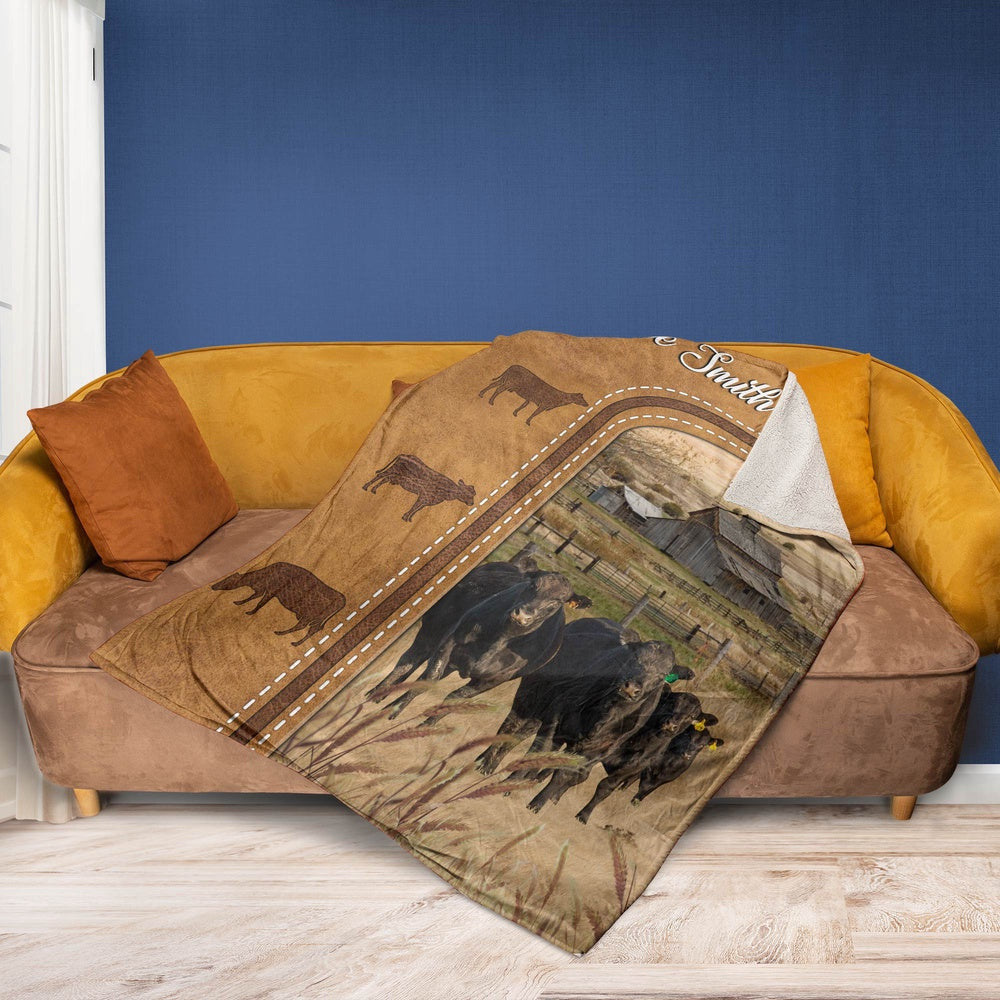 Personalized Black Angus Cattle In Field Farmhouse Blanket, Farm Blanket, Farm Animal Blanket