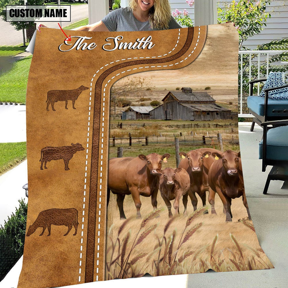 Personalized Red Angus Cattle In Field Farmhouse Blanket, Farm Blanket, Farm Animal Blanket