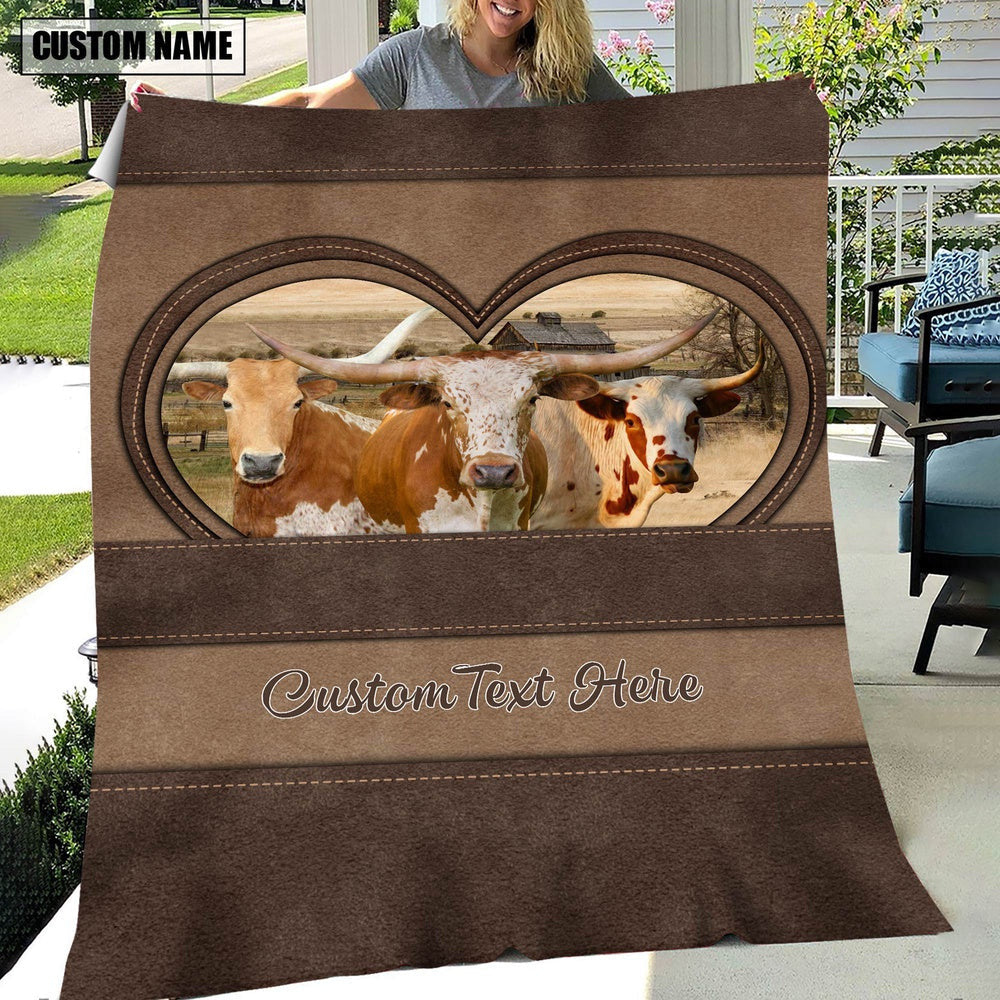 Texas Longhorn In Heart Personalized Name Blanket, Farm Blanket, Farm Animal Blanket