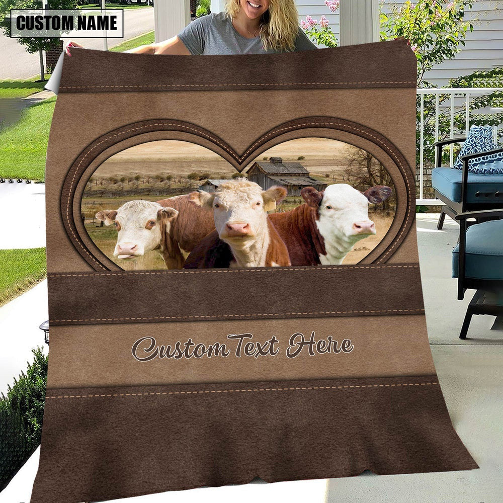 Hereford In Heart Personalized Name Blanket, Farm Blanket, Farm Animal Blanket