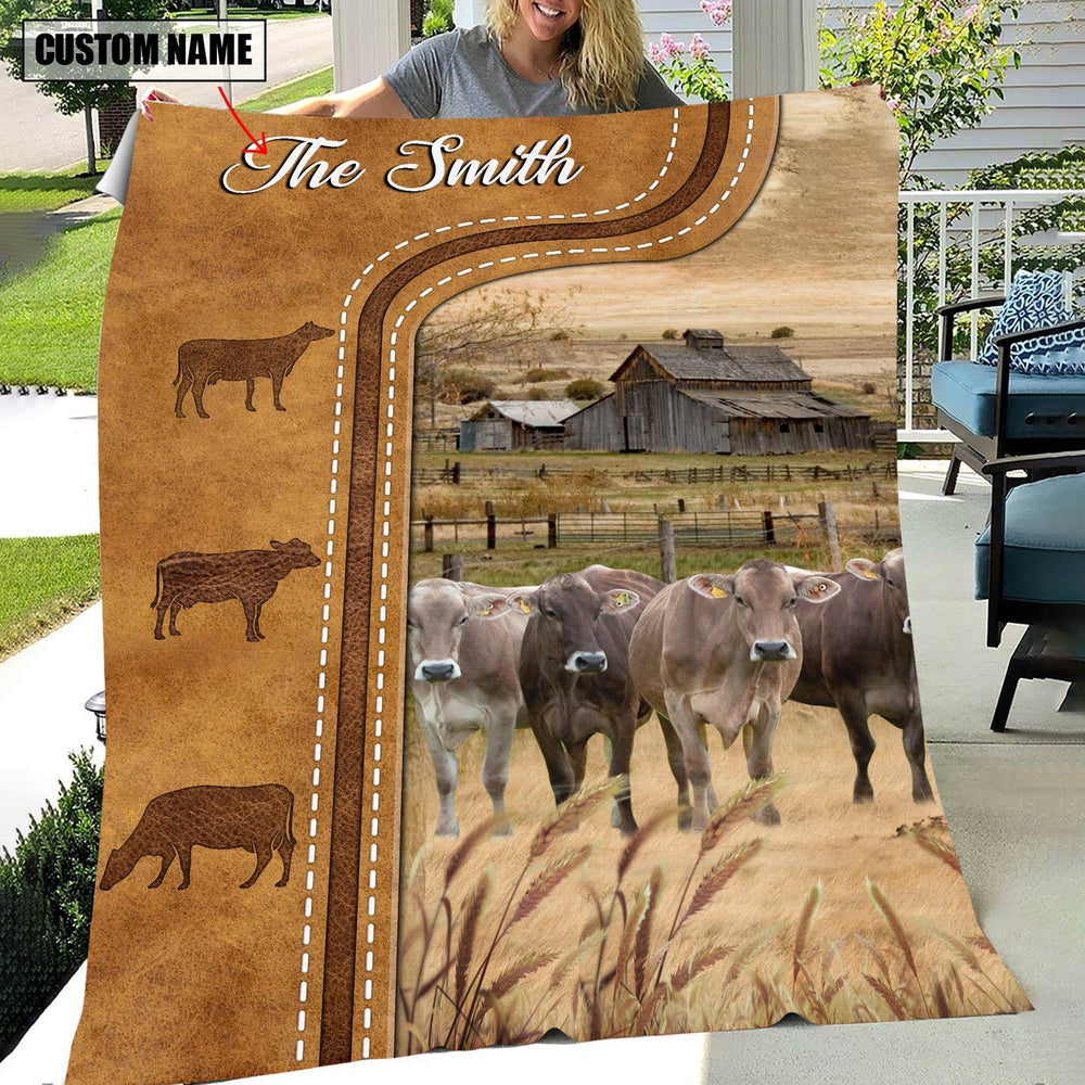 Personalized Brown Swiss Cattle In Field Farmhouse Blanket, Farm Blanket, Farm Animal Blanket