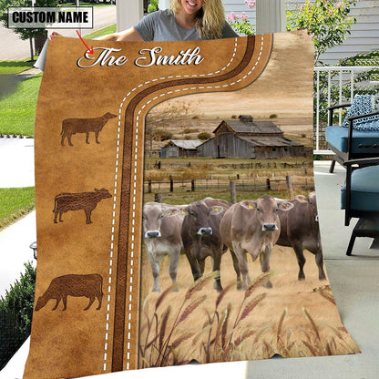 Personalized Brown Swiss Cattle In Field Farmhouse Blanket, Farm Blanket, Farm Animal Blanket