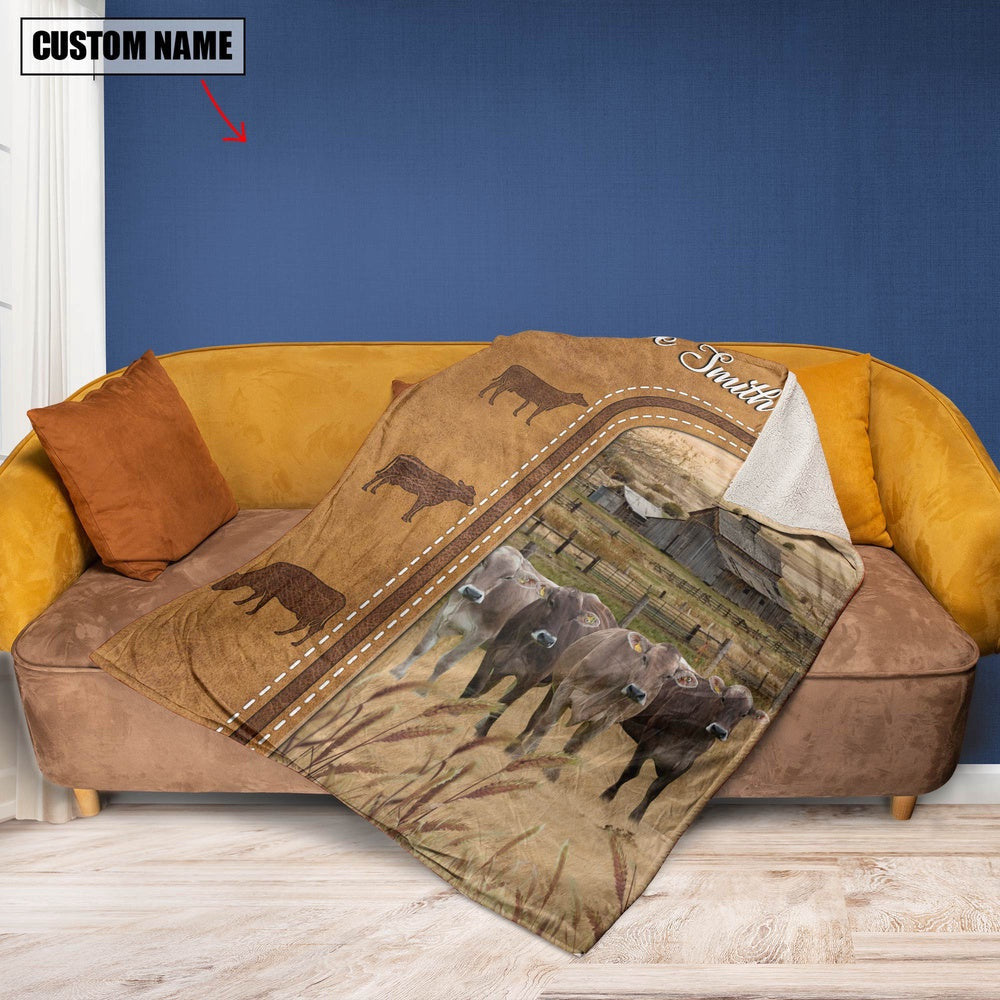 Personalized Brown Swiss Cattle In Field Farmhouse Blanket, Farm Blanket, Farm Animal Blanket