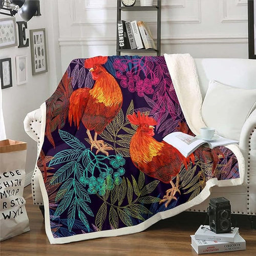 Rooster Chickens Acacia Flower Pattern Blanket, Farm Blanket, Farm Animal Blanket