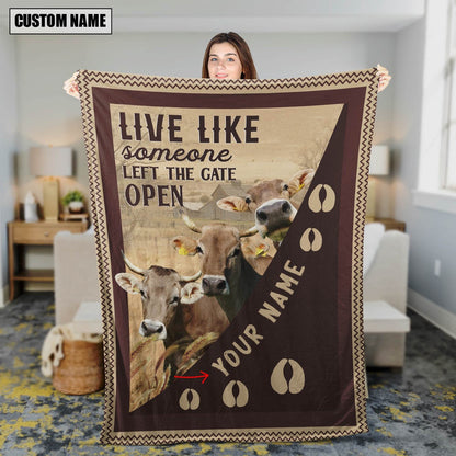 Personalized Brown Swiss Live Like Someone Left The Gate Open Blanket, Farm Blanket, Farm Animal Blanket