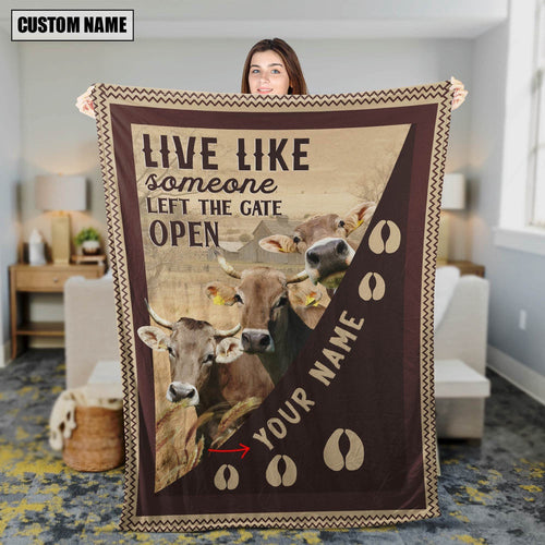 Personalized Brown Swiss Live Like Someone Left The Gate Open Blanket, Farm Blanket, Farm Animal Blanket