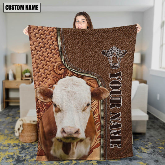Custom Name Hereford Cattle Leather Carving Blanket, Farm Blanket, Farm Animal Blanket