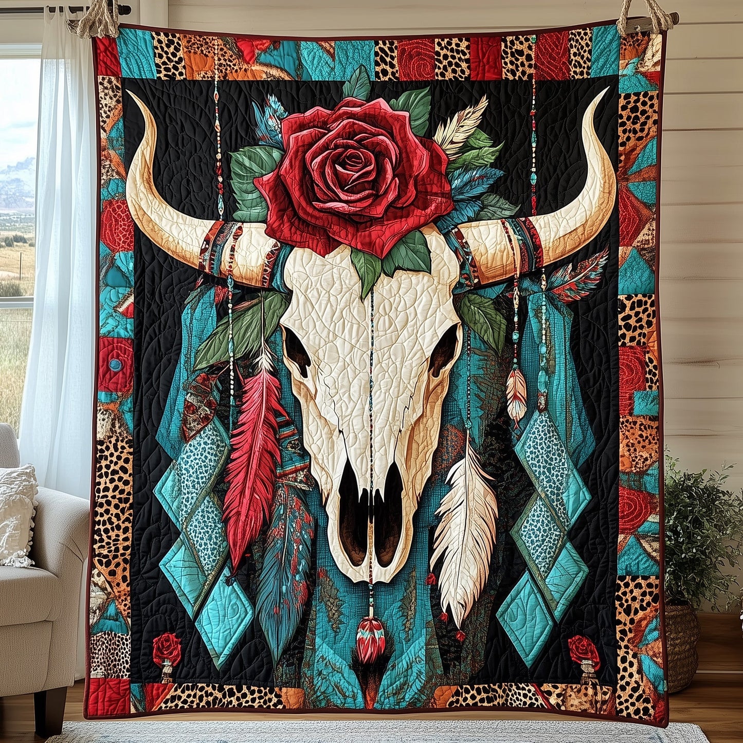 Native Longhorn Warrior Quilted Blanket GFTOHD3320