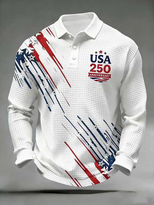 USA 250th Anniversary Long Sleeve Polo Shirt 4Th Of July Men's Apparel Patriotic Gifts