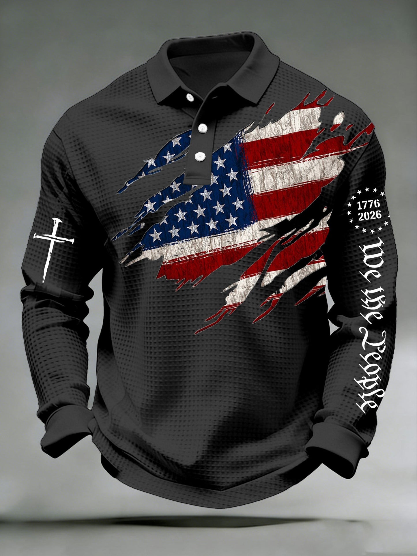 USA 250th Anniversary 1776 2026 Long Sleeve Polo Shirt Faith Cross We The People July 4 Apparel