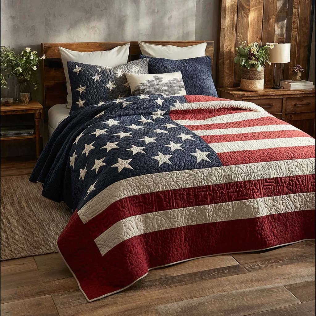 Patriotic Prairie Star Quilted Bedding Set 4Th Of July Decoration Ideas Gifts For Father